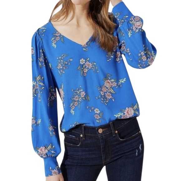 LOFT | Floral Long Sleeve V-neck Blouse Top Business Casual Blue Pink Small - Picture 1 of 7